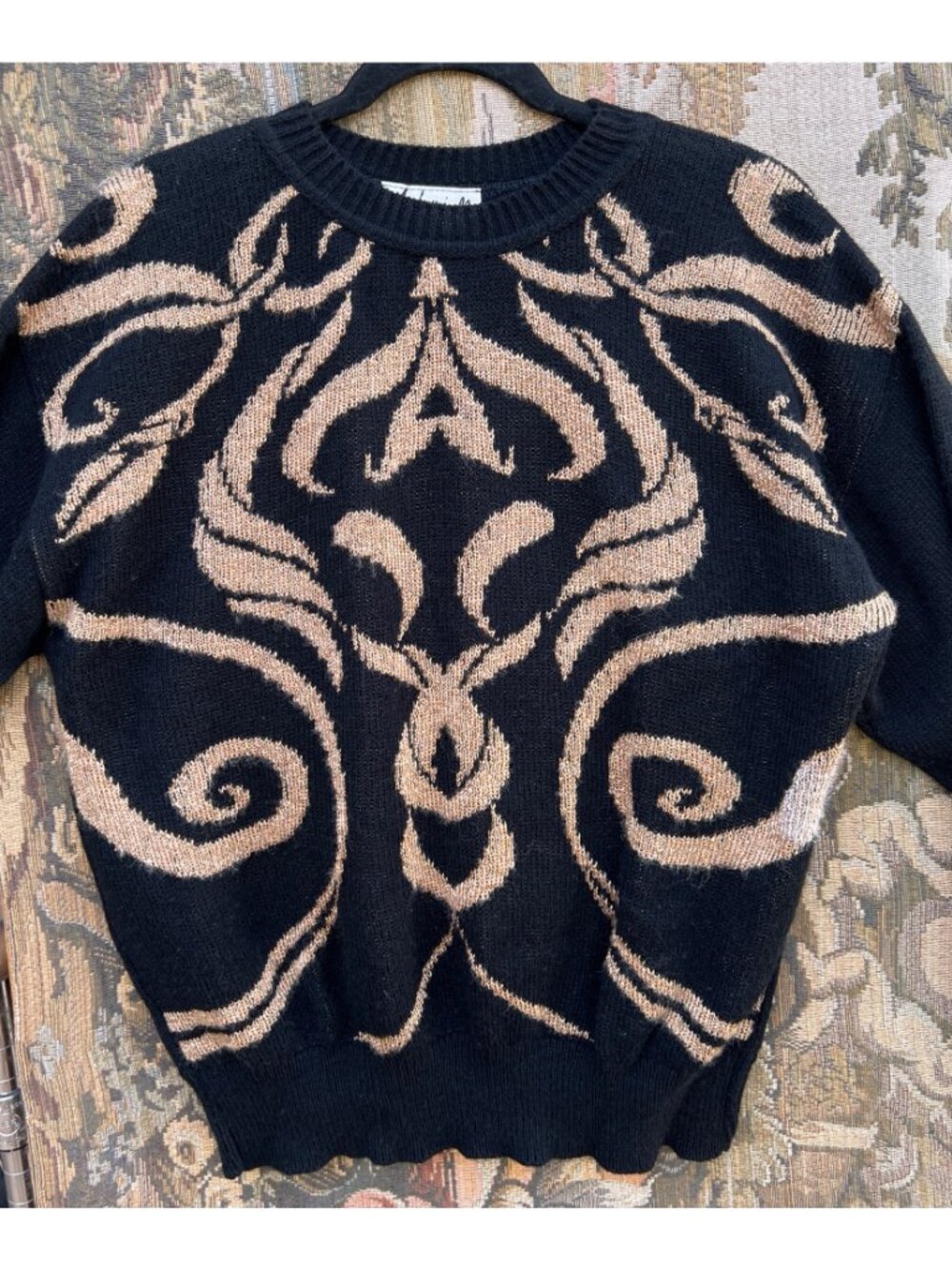 Y2K Madamoiselle Sweater XL Black & Sparkly Gold Baroque Knit VTG 90s Glam Rock - Picture 4 of 10